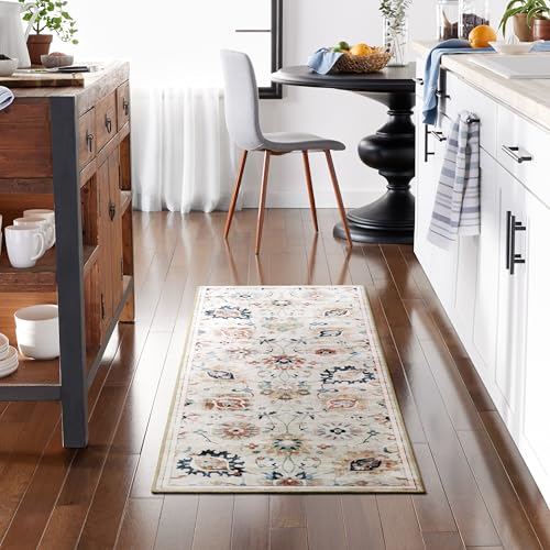 Haven Damask Floral Machine Washable Area Rug with Airflo Technology for Easy Clean, Ultra-Soft Non-Slip Rug with Built-in Pad, Pet, Family & Allergy Friendly Rug, Beige Multi, 2'6"x7' - color: Beige/Multi Damask, size: 2'6" x 6'11" (Rectangular)