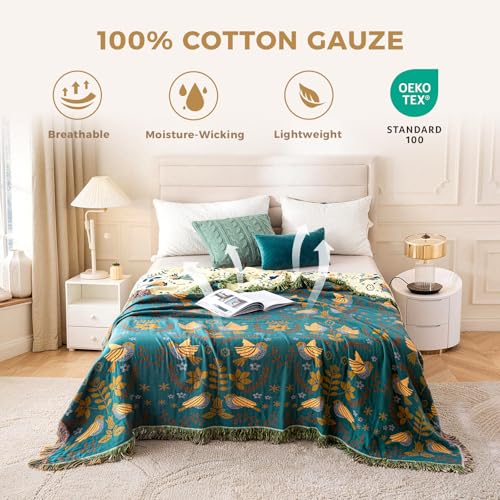 LUTBM Queen Throw Blanket for Bed, 100% Cotton Boho Soft Quilt Room Decor | Reversible Floral Bird Jacquard, 90"x90" All-Season Bedspread, For Chair Sofa Couch Bedroom, Lightweight Breathable Gauze - color: Animal-bird-a, size: 90"x90"
