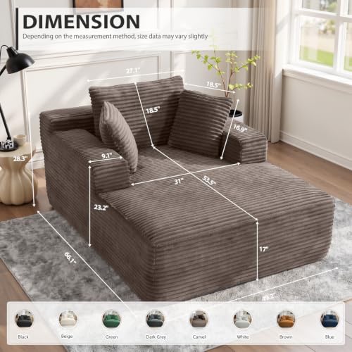 67 Inch Oversized Chaise Lounge Chair Indoor, Corduroy Upholstered Boneless Sofa Bed, Deep Seat Sleeper Couch Reading Chairs, Cloud Sofas Couches for Living Room, No Assembly Required (Camel) - color: Camel, size: 50"W x 67"D
