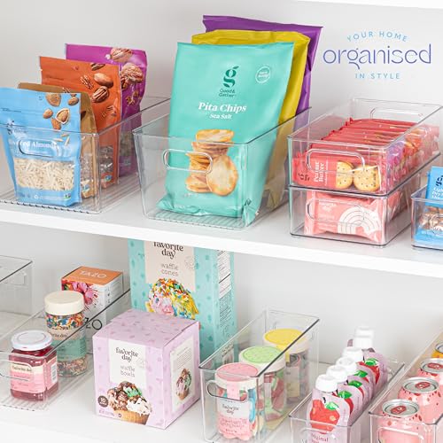 Plastic Food Storage 4 Pack Clear Container Bin with Handles for Organizing Kitchen, Pantry, Refrigerator, Freezer, Pantry, Cabinet, Closet, Bathroom. Stackable 10”x6”x3” - size: 10x6x3