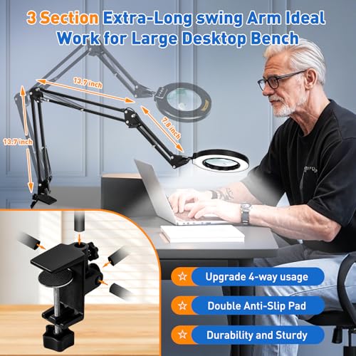 Ultra Long 3-Section Swing Arm 12X 30X Magnifying Glass with Light | 4-Way Large Metal Clamp, 5 Color Modes LEDs, 35.2Inch Lighted Magnifier Lamp for Workbench Crafting Hobby Soldering Reading