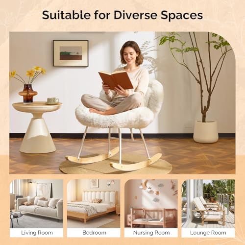 VINGLI 25.6" Extra Wide Criss Cross Nursery Rocking Chair,Cute Curved 115° Reclining Armless Glider,Plush Small Rocker w/Pillow & Solid Wood for Indoor,Bedroom, Living Room,Fluffy Fleece,White - color: Fluffy-white