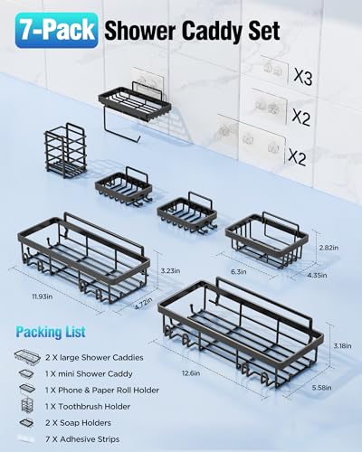 Shower Caddy 7 Pack, Adhesive Bathroom Shower Organizer for Bathroom Storage, No Drilling Large Capacity Rustproof Stainless Steel Shower Shelves Rack for Bath, Black - color: Black