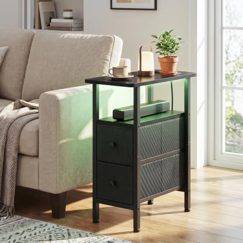 Narrow End Table with Charging Station, Small Nightstand | Skinny Side Tables Living Room with 2 Fabric Drawers, Bedside Table with LED Lights for Bedroom, Small Spaces, Black - color: Black, size: 23.22''H (2 Drawers), style: Power + Light