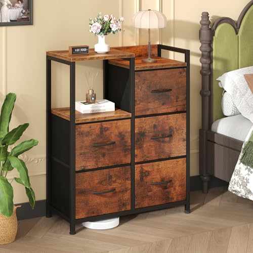 OLIXIS Fabric Dresser, 5 Drawer Storage Tower with Open Shelf, Rustic Brown | Fabric Storage Dresser Features 5 Drawers, Open Shelf and Side Cabinet, Organizer for Bedroom, Closet, Hallway & Entryway - color: Rustic Brown