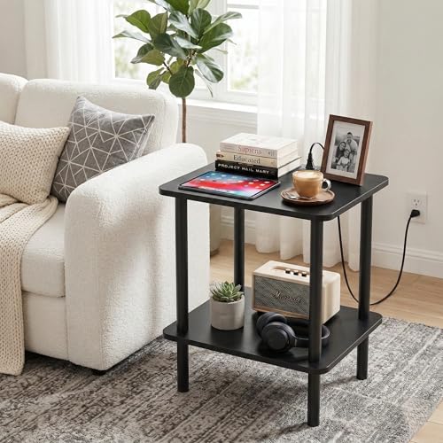 FORAOFUR Black Narrow End Table with Charging Station, 2 Tier Coffee Table | Ultra-narrow 11.8" width fits tight spaces, USB & outlets, sleek black finish, sturdy MDF build, assembles in 15 mins - color: Black