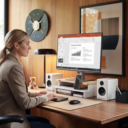 16.5” Bamboo Monitor Stand with Phone & Tablet Holder Desk Shelf | Monitor Riser for 36-48 Inch Desk Cozy Computer Setup Workplace Organizer Keyboard Storage Ergonomic White & Natural Bamboo - color: White & Natural Bamboo, size: 16.5 inch