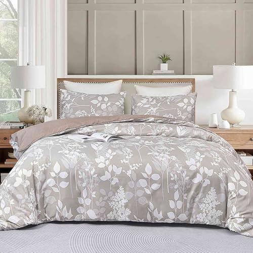 Faincy King Size Comforter Set, Tan Floral Tree Leaf Pattern Printed Reversible Alternative Bed Sets - Soft Microfiber Taupe Flower Vintage Farmhouse Bedding in a Bag for Women Men, Khaki 104x90 3PCs - color: Tan Floral Leaf Comforter Set, size: King