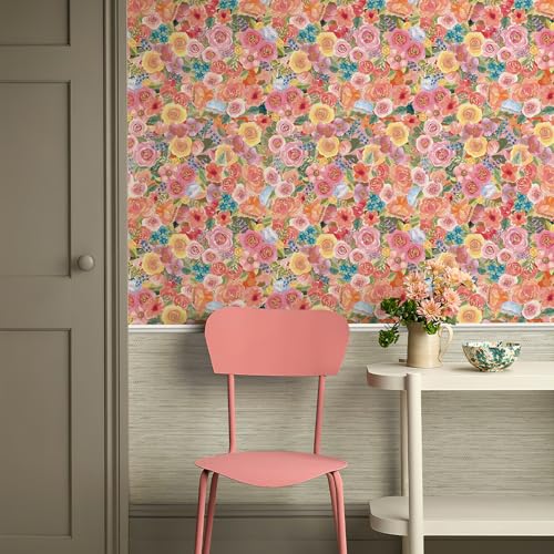 Simon&Siff Floral Peel and Stick Wallpaper 17.3"x400" Pink Watercolor Flowers Wall Murals Removable Wall Paper for Bedroom Bathroom Cabinet Renter Friendly - color: Pink, size: 17.3" x 400"