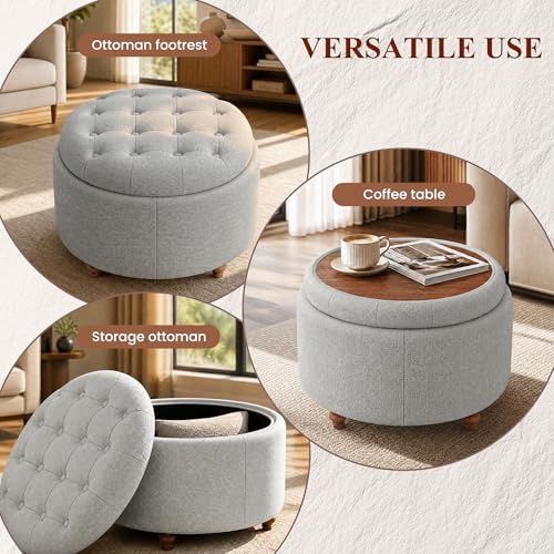 25" Round Ottoman with Storage, Small Coffee Table with Reversible Tray Lid | Tufted Fabric Round Storage Ottoman with Solid Wood Legs, 3-in-1 Footrest for Living Room, Bedroom, Entryway, Gray - color: Grey