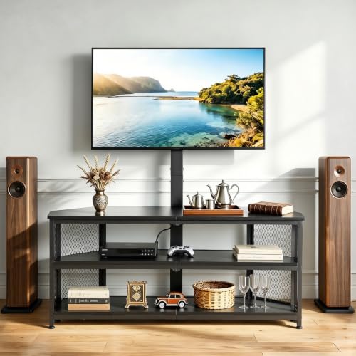 VEVOR TV Stand with Mount, 45.3 Inch, Corner TV Stand Console with Power Outlet, for 32-75 Inch TVs, Height Adjustable Swivel Entertainment Center with Storage & LED Lights, for Living Room, Black
