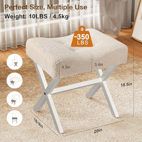 18-Inch Large Vanity Stool Chair, Beige Makeup Stool | Vanity Bench, Metal X-Legs, 350 LBS, 20"x16.9"x18", Ottoman Accent Stool, Breathable Soft Boucle Fabric Saddle Seat - size: Large, style: Beige Fabric