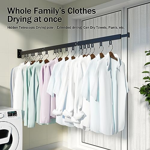 HEILAIYI Clothes Drying Rack,Laundry Drying Rack,Wall Mounted Clothes Rack,Laundry Rack Wall Mount,Folding Retractable Collapsible Drying Rack Clothing (Three-Poles,Loop Shape Hooks) - size: Black/Loop-Shape Hooks