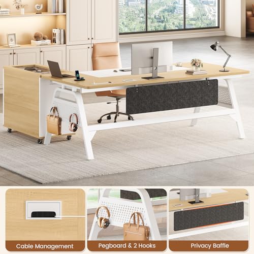 SEDETA L Shaped Computer Desk with Mobile File Cabinet & Power Outlets, Executive Home Office Desk with Storage Drawers, Pegboard, Cable Management, Reversible L Desk for Work & Gaming, White + Oak
