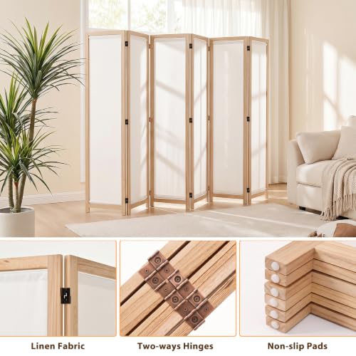 Wood Room Divider Panel with Linen Fabric, Boho Folding Privacy Screen 67" | Two Way Hinges, No-Assembly Required, Freestanding Screen For Bedroom, Living, Office or Apartment - color: Natural, size: 6 Panel