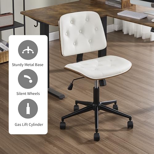 VipDesk Small Home Office Chair - Armless Mid Back Desk Chair with 360° Swivel and Wheels, PU Upholstered Height Adjustable Modern Walnut Computer Chair for Home, Office Meeting Room - White - color: White, size: Button Style