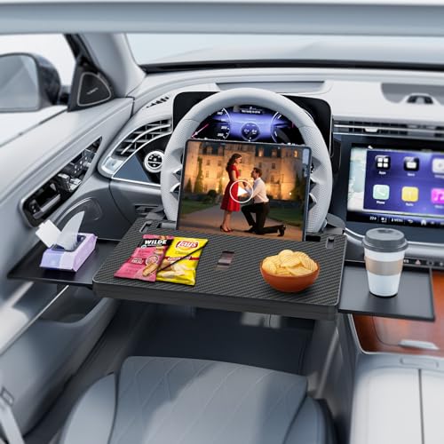 Steering Wheel Tray, Car Food Tray, Car Desk for Laptop, Carbon Fiber Look Multipurpose Car Table for Eating & Work, Adjustable Car Tray with Drawer and Anti-Slip Protective Adhesive - color: Carbon Fiber Texture Black