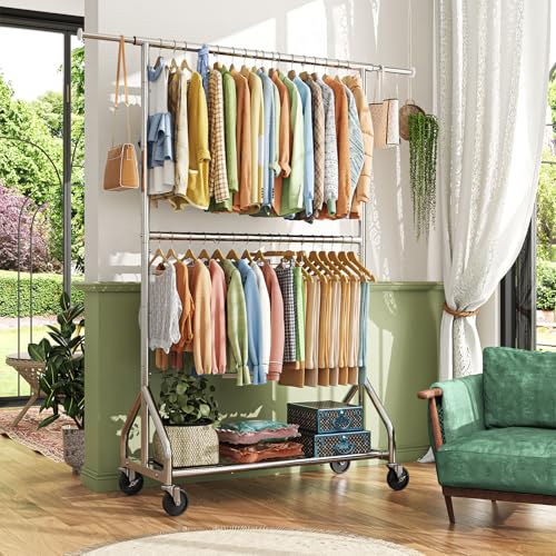 Simple Trending Heavy Duty Clothes Rack, Extendable Clothing Rack, Chrome | Double Rod Garment Rack, Freestanding Portable Closet, with Wheels & Shelf, Adjustable Middle Rod, for Bedroom, Laundry - size: 17"D x 61.25"W x 74.25"H