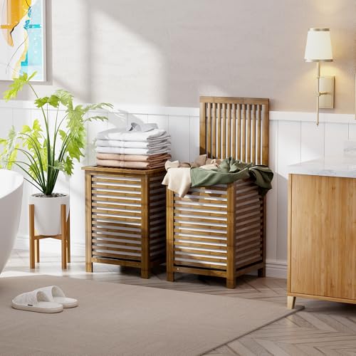 SMIBUY Double Laundry Hamper with Lid, 120L Bamboo Laundry Basket with Removable Liner Bag, 2-Section Clothes Divider Laundry Sorter for Laundry Room, Bathroom, Bedroom (Walnut) - color: Walnut