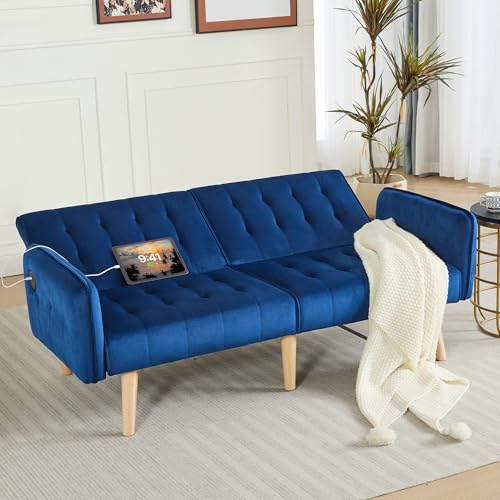 65'' Convertible Futon Sofa Bed with USB, Small Couch for Living Room | Sleeper Sofa and Loveseat, Adjustable Folding Couch with Tufted Design and 2 USB Ports, Bedroom Apartment Office, Blue - color: Blue