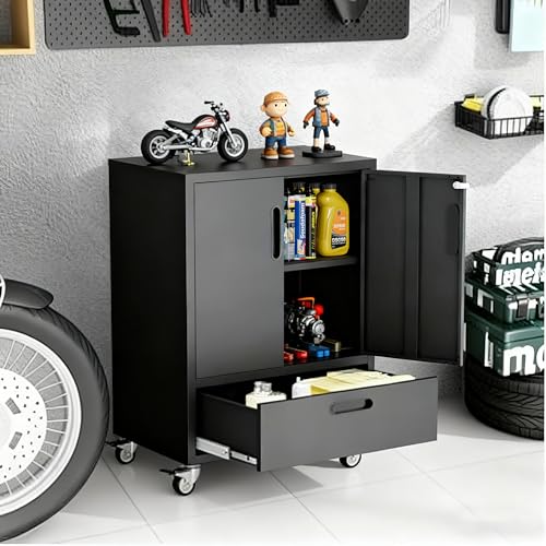 Garage Cabinets,Metal Garage Storage Cabinet with Wheels,Black Lockable Rolling Tool Cabinet with Drawer and Adjustable Shelves,Heavy Duty Tools Cabinet for Home Office Utility Room - color: Black, size: 2 Doors & 1 Drawer
