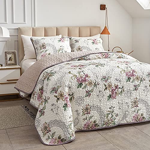 Flysheep 3 Pieces Quilt Set King Size, Beige Floral Reversible Bedspread Coverlet Set, Soft Microfiber Lightweight Bed Cover for All Season (102" x 90", 1 Quilt+ 2 Pillow Shams) - color: Beige Floral, size: King-102"x90" (1 Quilt + 2 Pillow Shams)