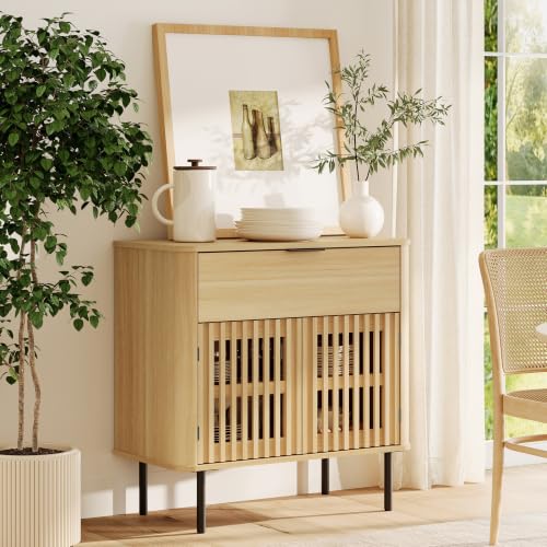 WAMPAT 31.5" W Fluted TV Stand with Storage for Living Room up to 43" TVs | Wood Entertainment Center, Pop-up Doors & Drawer, Mid Century Modern TV Media Console, Cable Management, Bedroom, Oak