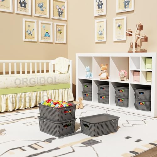 ORGIDOL Plastic Storage Basket with Lids 10 Pack Stackable Storage Bins Containers with Lid, Decorative Storage Boxes for Organizing Shelves, Drawers, Playroom, Classroom, Office, Closet, Grey - color: Grey, size: 10 Pack