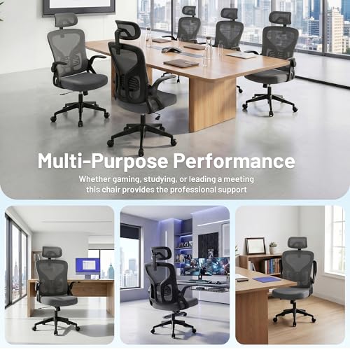 Office Chair Ergonomic Desk Chair with Adjustable Headrest Lumbar Support, High Back Breathable Mesh Chair with 120° Tilt & Flip-Up Armrests, Swivel Comfy Task Computer Chair for Work, Study - color: Dark Gray
