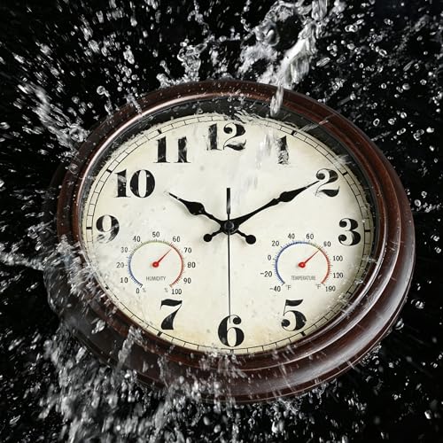 JENLYSTIME 13 Inch Dark Brown Vintage Waterproof Indoor/Outdoor Wall Clock with Thermometer & Hygrometer Large Silent Numerals & Accurate Timekeeping for Living Room, Porch&Garden&Pool - color: 13 Dark Brown