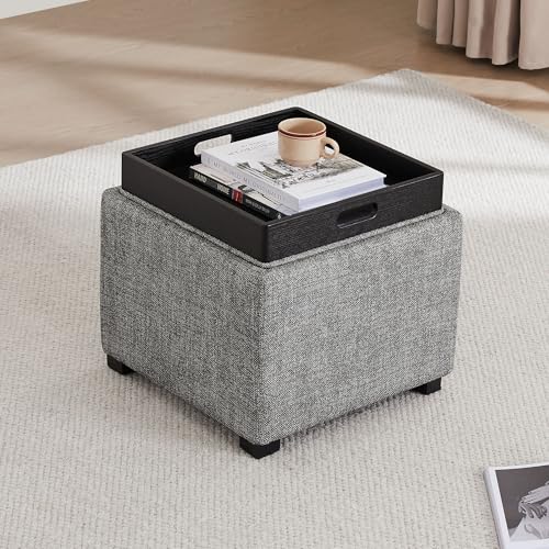 CHITA Storage Ottoman Cube with Tray Lid, Small Footstool with Storage, Square End Table for Living Room and Bedroom, Fabric in Pebble Grey - color: Pebble Grey