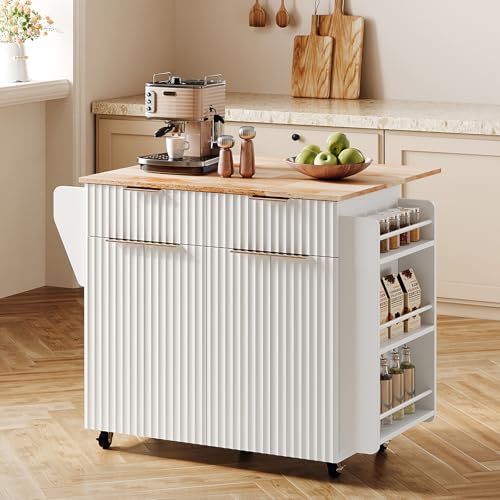 VINGLI Fluted Large Kitchen Island Cart with 2 Draws & 4 Doors, White | Drop-leaf Toptable, Adjuestable Shelves, Towel Bar, 3-tier Side Storage Rack, 360° Rolling Design - size: 32.7"