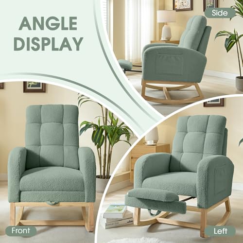 NIOIIKIT Modern Nursery Rocking Chair, Teddy Upholstered Rocking Chair with Footrest, Comfortable Rocker Chair with Side Pocket, Rocker Chair for Living Room, Bedroom, Nursing Room (Green) - color: Green