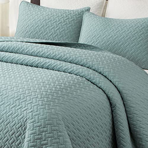 EMME Quilts Queen Size Bedding Sets, Lake Blue Bedspread Soft Lightweight Pre-Washed Quilt, 3 Piece Cozy Reversible Microfiber Coverlet with Pillow Sham (Basket Weave,90"x90") - color: 10-lake Blue (Basket Weave), size: Full/Queen(90" x 90")