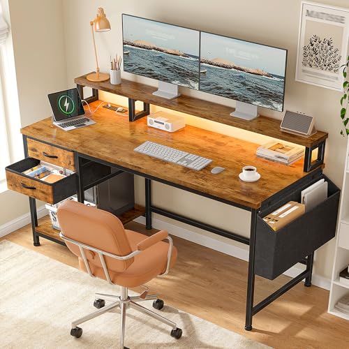 DurayLoly 48" Gaming Desk with RGB Lights & Power Outlets for Teens | Wireless Remote Full-Color Strip,Various Lighting Modes,Level Up Teens Gaming Vibe or Study for Protect Eyes In Bedroom,Brown - color: Brown, size: 48"W*20"D*35.5"H