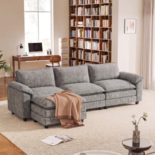 Homall 118.9" L Shaped Cloud Couch, Modular Sectional Sofa for Living Room | Comfy Chenille, Movable Ottoman, 3 Seat, Double Layer Cushion, Sturdy Frame, High-Density Foam, Easy Assembly, Light Grey - color: Light Grey, size: L Shaped Sofa