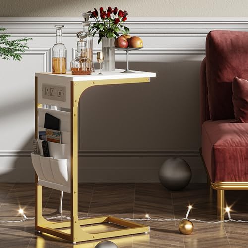 TUTOTAK C Shaped End Table with Charging Station, Side Table for Sofa | Couch Table with Storage Bag, TV Tray with 2 USB Ports and Outlets, Set of 2, Living Room and Bedroom, TB01BWG0242 - color: White and Gold, size: 2 Pack (11.8"W), style: With Plug