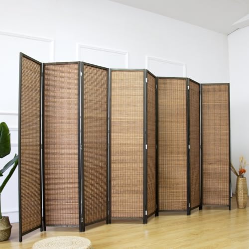 8 Panel Bamboo Room Divider - Natural Brown 5.6 ft Tall Folding Privacy Screen, Freestanding Partition Wall for Room Separation (67" H x 122.8" W) - color: Brown, size: 8 Panel