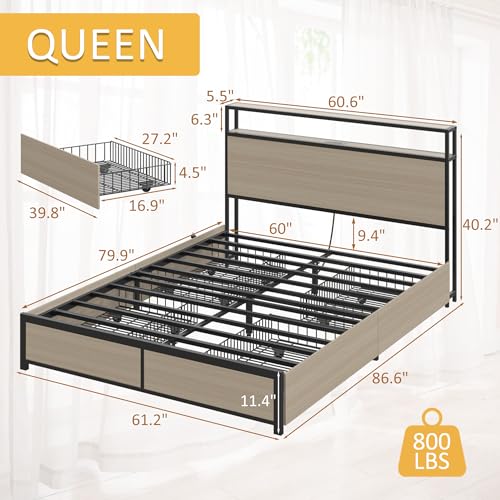 Lifezone Queen Bed Frame with 2-Tier Storage Headboard, Metal Platform Bed Frame with 4 Storage Drawers, Built in Charging Station & LED, Noise-Free/Metal Support/No Box Spring Needed, Beige - color: Beige, size: Queen
