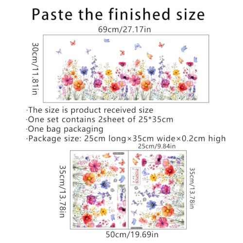 2 Pieces Flowers Wall Decals Vinyl Flowers Wall Stickers Removable Floral Murals Peel and Stick Colorful Flower Decor for Girls Bedroom Living Room Nursery (Bright) - style: Bright