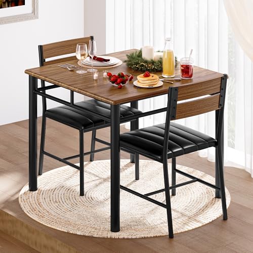 IRONCK Dining Table Set for 2, Walnut | Small Kitchen Table with Upholstered Chairs, Compact Dining Set for Small Spaces, Kitchen & Dining Room - color: Walnut