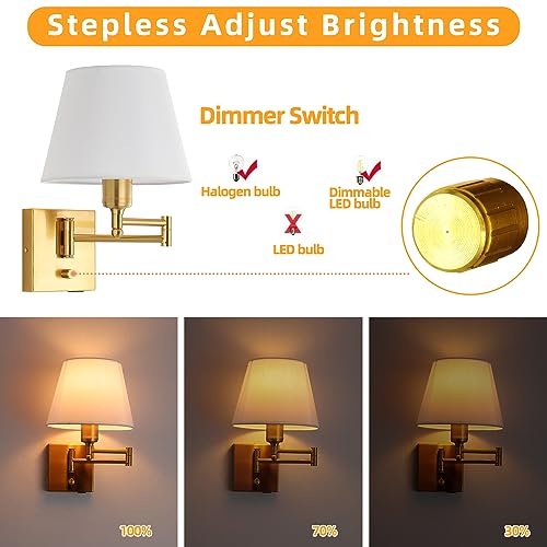 Bedside Wall Mount Light with Dimmable Switch, Swing Arm Fabric Shade Wall Sconce Light with USB Port and Plug in Cord, Gold Wall Lamp for Bedroom, Living Room and Hotel - color: Gold