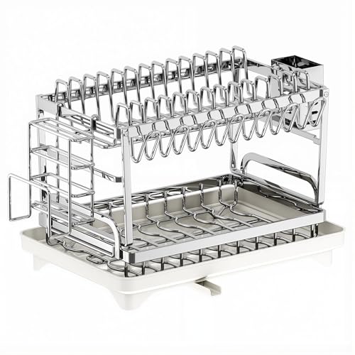 TarnorLe Double Layer Dish Drying Rack, Storage Super Large Bowl Dish Rack, Multifunctional Kitchen Countertop with Drain Pan, 304 Stainless Steel Kitchen Drying Rack, Tableware, Glass Drying Rack