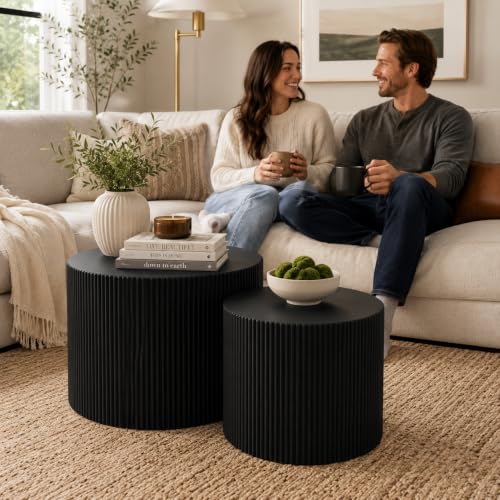 Nesting Round Coffee Table Set of 2 Black No Assembly | Nesting Coffee Tables for Living Room, MDF Wood Nightstands, Modern Drum Side End Tables with Vertical Fluted Design - color: Black