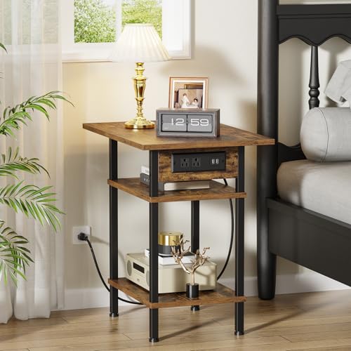 Asgolion Side Table with Charging Station, 3 Tier Narrow End Table | Skinny Nightstand with USB Ports and Outlets, End Table with Storage for Bedroom, Living Room, Office, Rustic Brown - color: Rustic Brown, size: 22"H