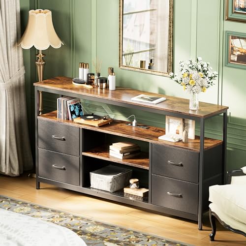 Huuger TV Stand Dresser with Power Outlets and LED Lights, 4 Drawers Entertainment Center with Shelves, 54 Inch Media Console for 55 60 Inch TV, PU Finish, Rustic Brown and Black - color: Rustic Brown and Black, size: 54 Inches