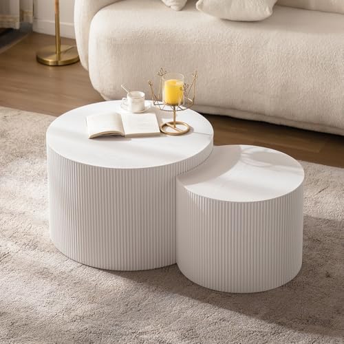 18 inch Round White Fluted Nesting Coffee Table Set of 2, B Small | Spray Painting Finish, For Living Room, Nested Crescent Side Table, Nestable Design, Mid-Century Modern, For Small Spaces - color: White a Small