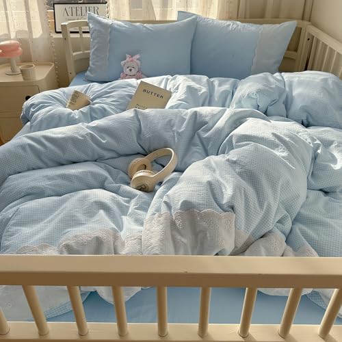 mixinni Blue Gingham Duvet Cover Twin Size - 3 Piece Cottagecore Plaid Bedding Set with Lace Trim, Soft Washed Microfiber Vintage Aesthetic Grid Comforter Cover & Pillow Shams, (Blue White Gingham) - color: 03 - Blue Gingham, size: Twin(68" x 86")