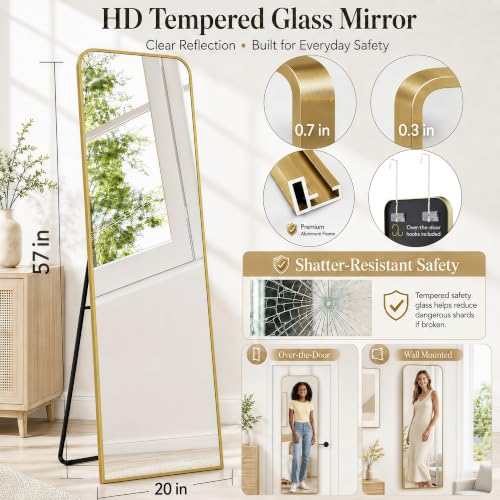 57x20" Full Length Mirror Floor Stand,Over the Door,Wall Mounted Gold | HD Crystal Clear Tempered Glass,Aluminum Frame,Full Body Dressing Make-Up Mirrors Rect Hang for Bedroom,Bathroom,Living Room - color: Gold, size: 57"L x 20"W