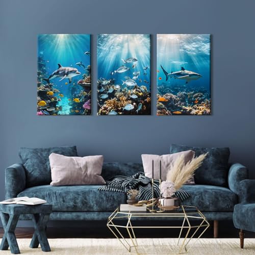 Tropical Ocean Coral Reef Dolphin Fish Underwater Canvas Wall Art for Living Room Beach Poster Under Sea World Life Marine Animal Nautical Shark Picture Prints Bedroom Home Decorations 16x24" 3 Pieces - color: Dolphin Shark, size: 16"L x 24"W